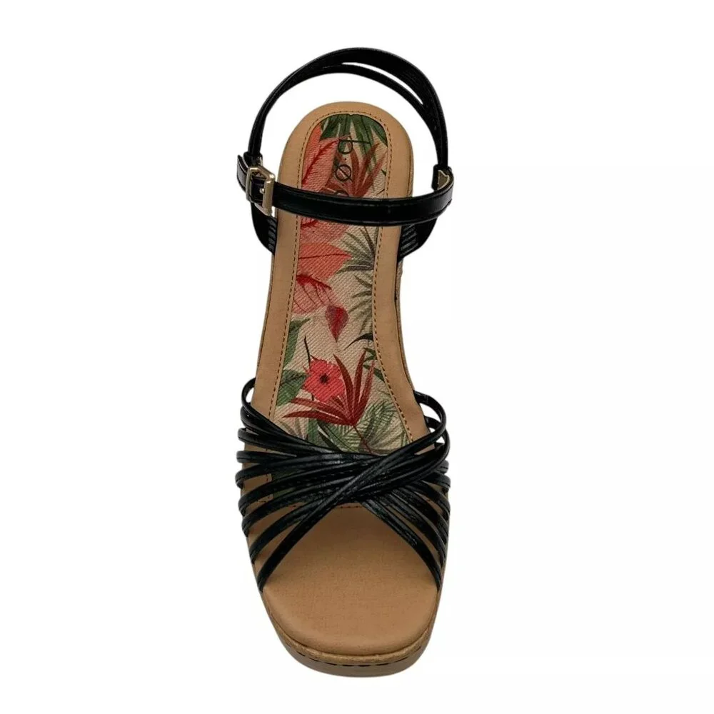 BOC Catalina Women's Platform Wedge‎ Sandal Size 8 Black/Tan Glossy Straps Twist
